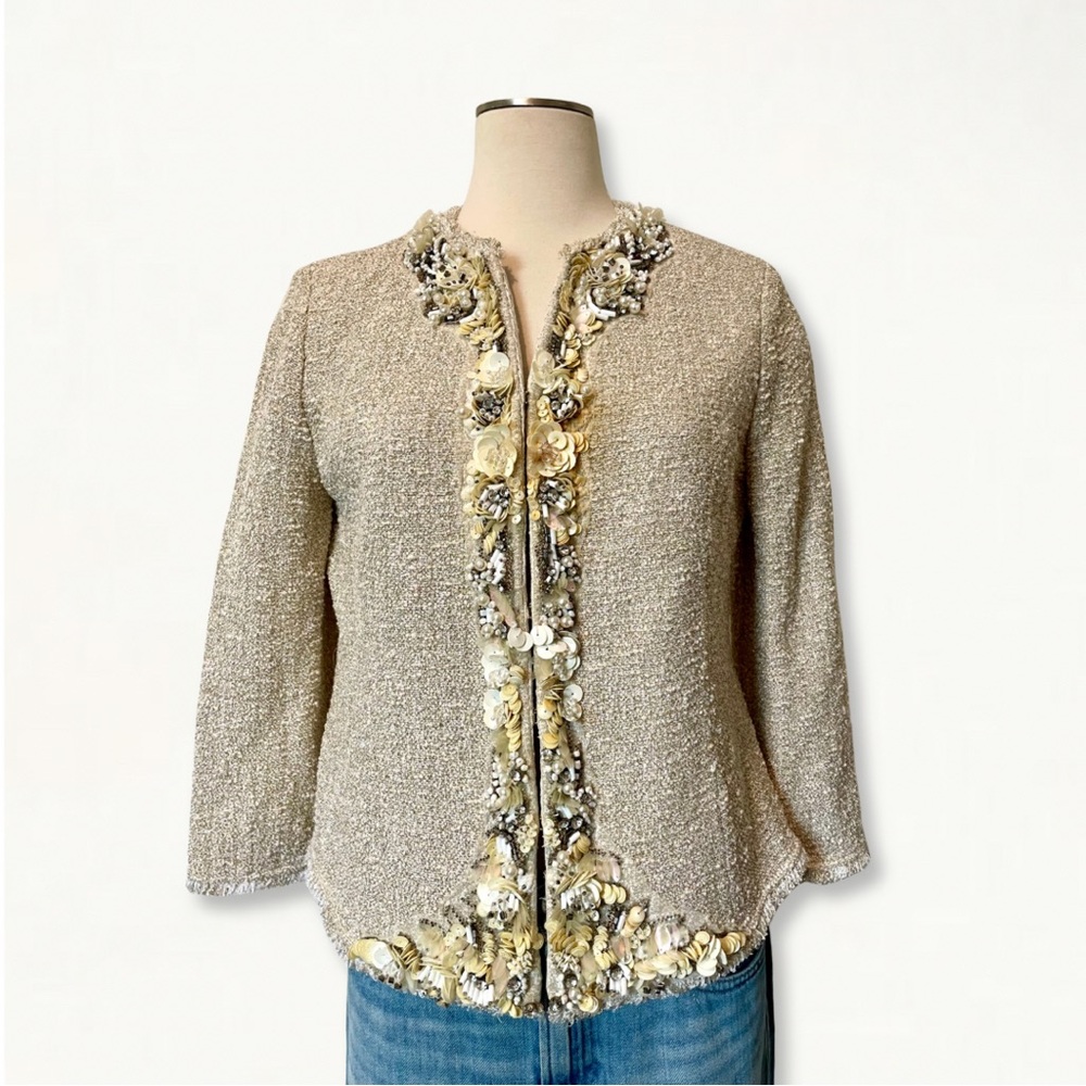 SOLD St. John Couture Knit Tweed + Fringe Blazer Ornately Hand Beaded + Sequin
